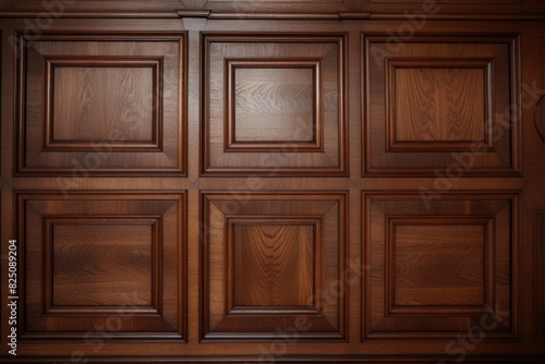 A wooden wall with a pattern of squares. The wood grain is visible and the wall appears to be made of oak. The pattern of the squares is consistent throughout the wall  giving it a uniform
