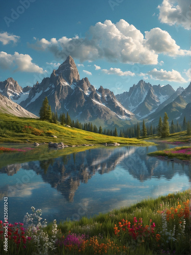 Serene Mountain Lake Landscape with Snow-Capped Peaks