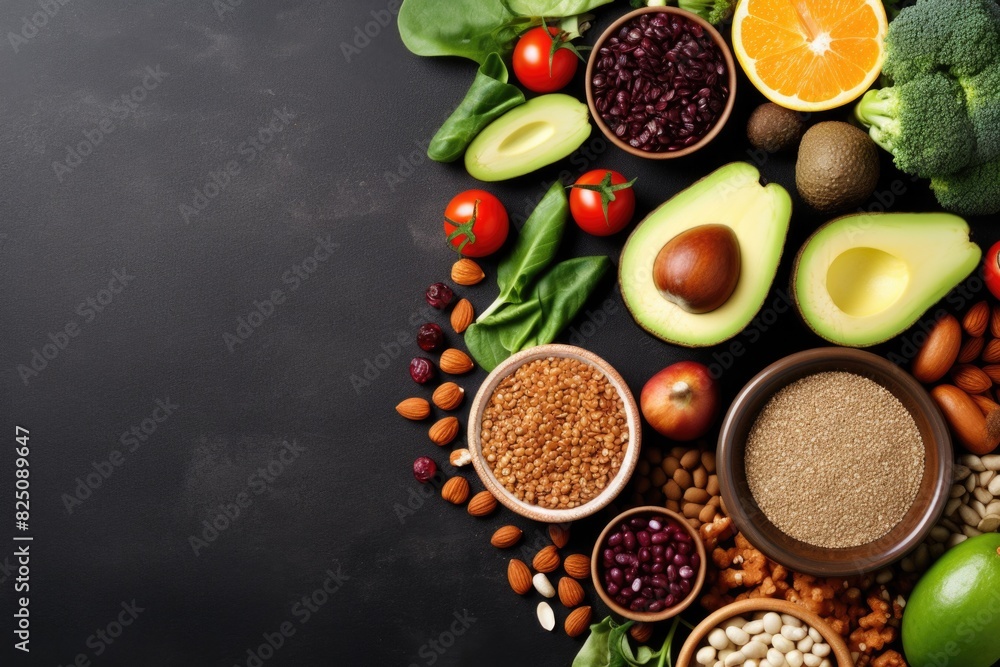 A variety of fruits and vegetables are displayed on a countertop. Concept of abundance and health, as the colorful assortment of produce suggests a focus on nutritious and wholesome eating A variety of fruits and vegetables are displayed on a countertop. Concept of abundance and health, as the colorful assortment of produce suggests a focus on nutritious and wholesome eating