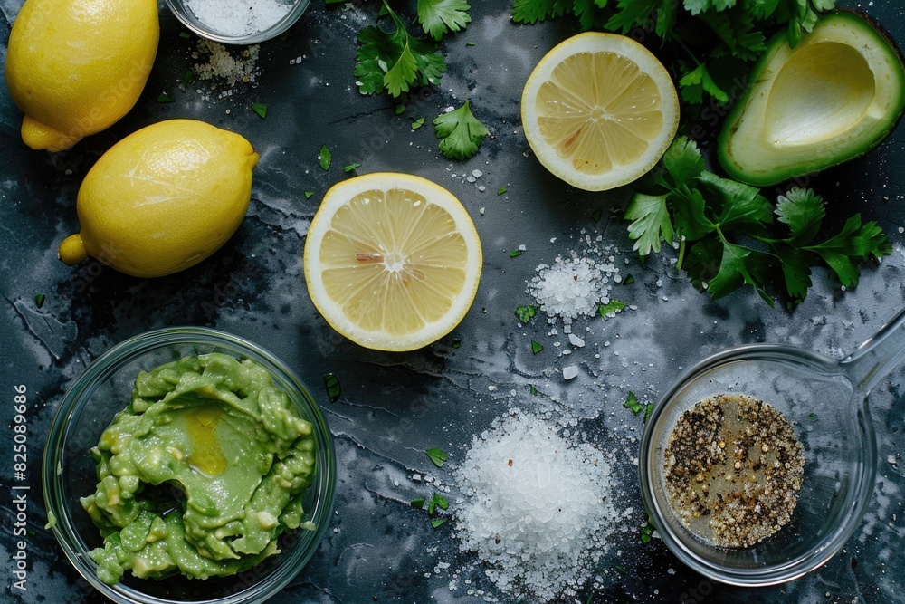 A bowl of guacamole sits on a counter next to a bowl of salt and pepper, a lemon, and a lime A bowl of guacamole sits on a counter next to a bowl of salt and pepper, a lemon, and a lime