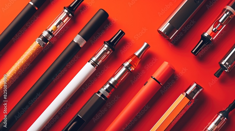 A row of various smoking devices, including cigarettes, vapes, and e-cigarettes, are lined up on a red background A row of various smoking devices, including cigarettes, vapes, and e-cigarettes, are lined up on a red background