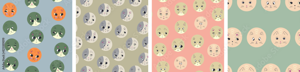 Four surface patterns bundle, black eyes cats. Repeatable texture, cartoon funny kitty, abstract colorful background design. Four surface patterns bundle, black eyes cats. Repeatable texture, cartoon funny kitty, abstract colorful background design.