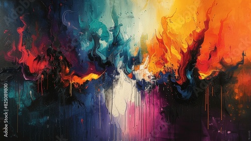 An abstract painting showcasing the paradox of love and hate, with fluid brushstrokes and contrasting colors blending together to form an intricate pattern. The piece should convey a sense of photo