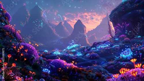 A dreamlike landscape where the hills are covered in vibrant, glowing flowers and surreal, fantastical creatures