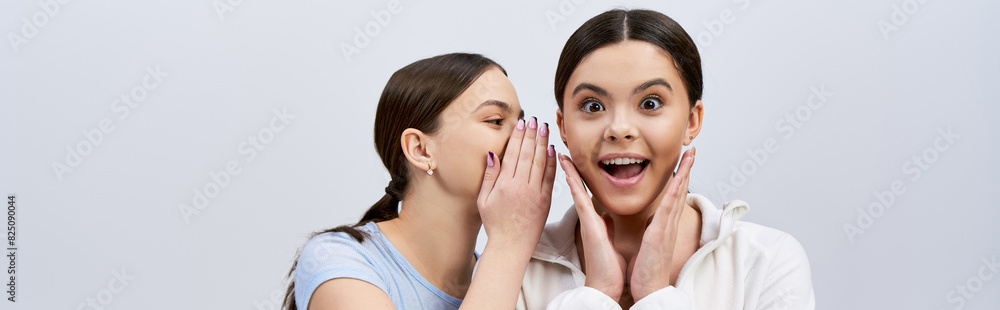 Two pretty, brunette teenage girls in sportive attire, making funny faces and gestures with their hands. Two pretty, brunette teenage girls in sportive attire, making funny faces and gestures with their hands.