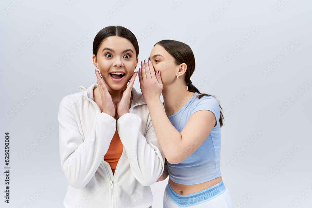 Two pretty, brunette teenage girls in sportive attire standing side by side, hands on faces, in a studio on a grey background. Two pretty, brunette teenage girls in sportive attire standing side by side, hands on faces, in a studio on a grey background.