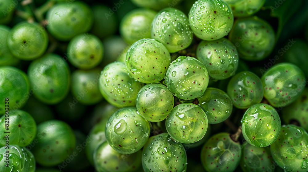 Close-up of green grape vines with fresh water droplets Close-up of green grape vines with fresh water droplets