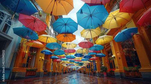 Hang multiple umbrellas in different colors and sizes overhead, creating a colorful ceiling that adds cheerfulness and dynamism. Generative AI.