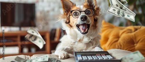 A dog wearing horn-rimmed glasses sits on a desk, calculator in front, surrounded by one hundred dollar bills. photo