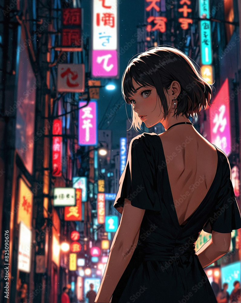 Stylish Woman in Black Dress at Night in Vibrant City Street Stylish Woman in Black Dress at Night in Vibrant City Street