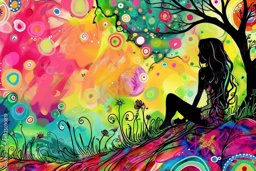 A young woman basking in a psychedelic dreamscape  surrounded by swirling flowers and trees in vibrant hues.