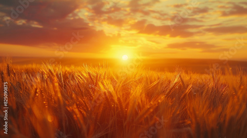 A breathtaking view of a golden sunset casting warm hues over expansive fields of wheat or sunflowers, evoking the tranquility of rural landscapes in summer. © Yotsaran