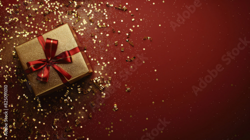 Wallpaper Mural Elegant golden christmas gift with a shiny red ribbon on a glittering red background with sparkling gold confetti scattered around Torontodigital.ca