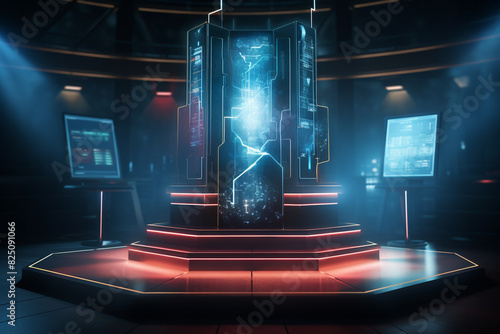 A podium with a digital interface, displaying dynamic visuals, in a high-tech environment.