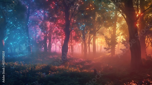 A magical forest at dawn  where the leaves on the trees glow in various colors and the ground is covered in mist