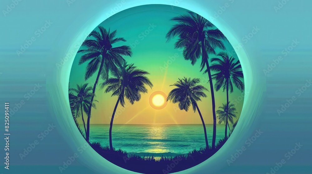 A serene round-shaped painting depicting a palm tree on an island, with the sun rising in the background, casting a golden glow over the water. 