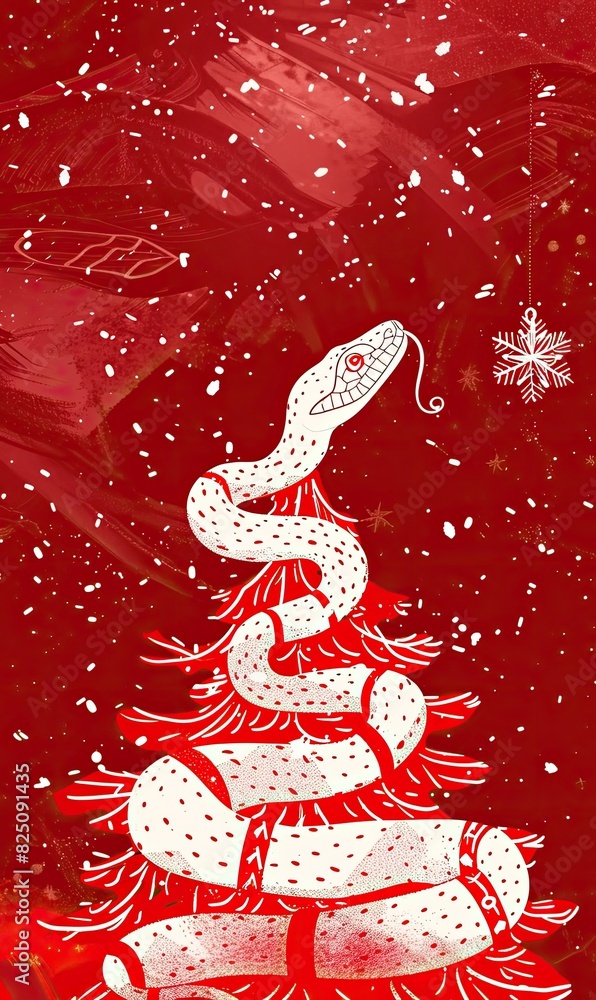 Obraz premium A stylized snake coils around a Christmas tree on a red snowy background