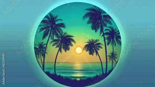 A serene round-shaped painting depicting a palm tree on an island  with the sun rising in the background  casting a golden glow over the water. 