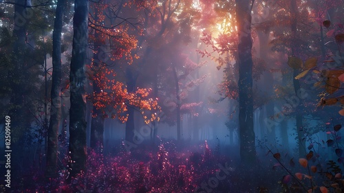 A magical forest at dawn  where the leaves on the trees glow in various colors and the ground is covered in mist