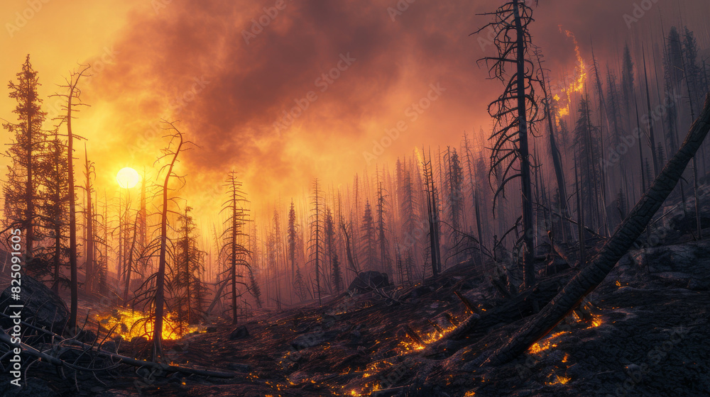 A forest fire is burning in the distance, with the sun setting in the background