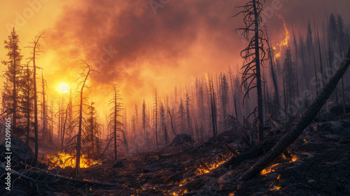 A forest fire is burning in the distance  with the sun setting in the background