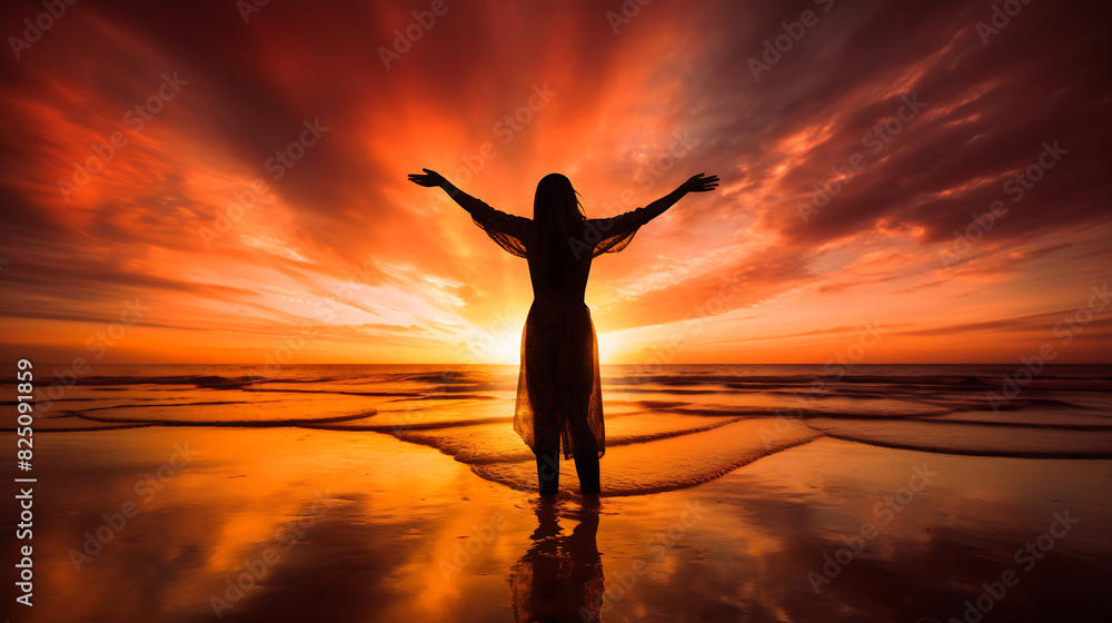 Silhouette of a woman with arms raised standing by a serene lake at sunset, surrounded by mountains, embracing the beauty and tranquility of nature Silhouette of a woman with arms raised standing by a serene lake at sunset, surrounded by mountains, embracing the beauty and tranquility of nature