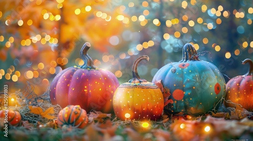 A group of vibrant orange pumpkins arranged together on a shiny, glittering gold background, with each pumpkin reflecting the sparkling light around it. photo