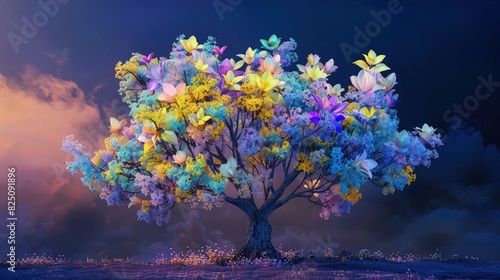 A mesmerizing depiction of a shiny multicolor  tree with reflective leaves, standing tall beneath a dark sky lit up by countless stars. © Sundas