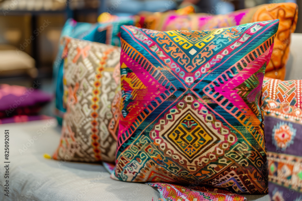 Colorful pillows with patterns in bohemian style