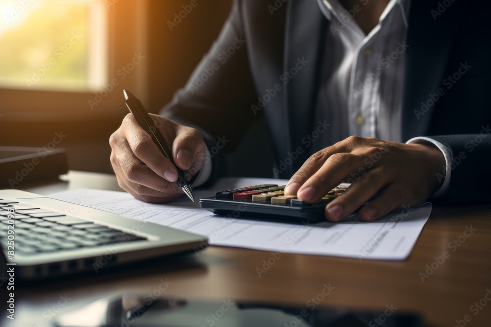 Financial accounting practice businessman calculating figures with calculator at desk Financial accounting practice businessman calculating figures with calculator at desk