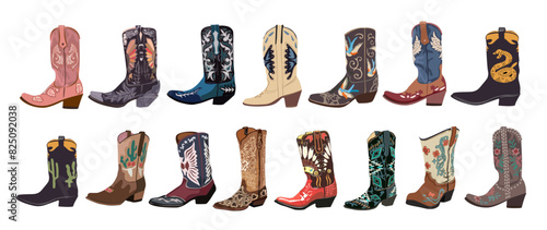 Set of various cowboy boots. Different ornaments. Fashion concept. Wild West theme. Hand drawn colored trendy Vector art illustration isolated on transparent background.