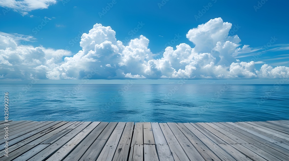 Wooden floor, blue sky and white clouds, sea background, blue ocean, perspective view of the wooden platform at one end of an open space on water, panoramic sea horizon.
Wooden floor, blue sky and white clouds, sea background, blue ocean, perspective view of the wooden platform at one end of an open space on water, panoramic sea horizon.