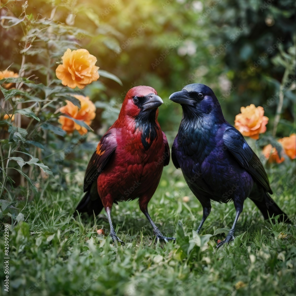 Fototapeta premium colored crow in the flowers in garden 