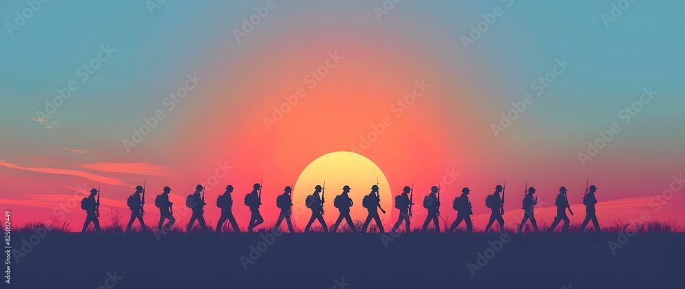 Naklejka premium Minimalist Memorial Day Background with Marching Veteran Silhouettes Against Sunset