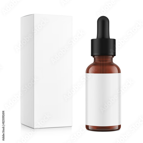 Realistic paperboard packaging box mockup with dropper bottle mockup isolated on white background. Vector illustration. Сan be used for cosmetic, medical and other needs. EPS10.