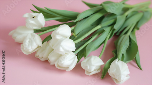 A bouquet of  white tulip flowers isolated on pink background  summer time illustration.