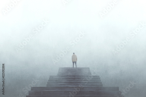 Illustration of man alone on top of stairs in the fog, surreal abstract concept photo