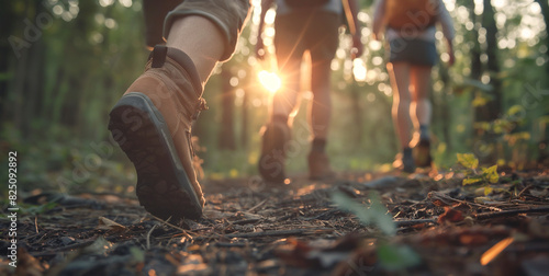 A group of tourists walks along an autumn path in the forest in sunset light. shoe rear view. 