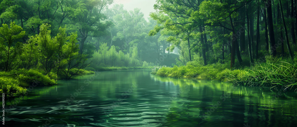 A lush green forest with a river running through it A lush green forest with a river running through it