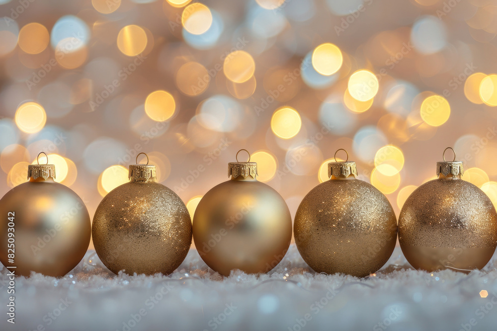 Festive golden christmas baubles lined up on a snowy surface with sparkling bokeh lights creating a warm holiday background Festive golden christmas baubles lined up on a snowy surface with sparkling bokeh lights creating a warm holiday background