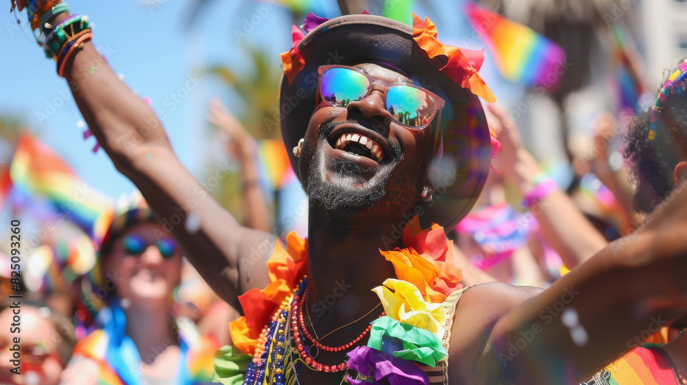 A man in a rainbow outfit is smiling and holding a flag A man in a rainbow outfit is smiling and holding a flag