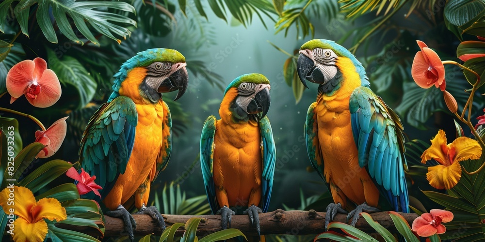 In the untamed jungle, wild macaws flaunt their exotic beauty amidst lush greenery, a vibrant spectacle.