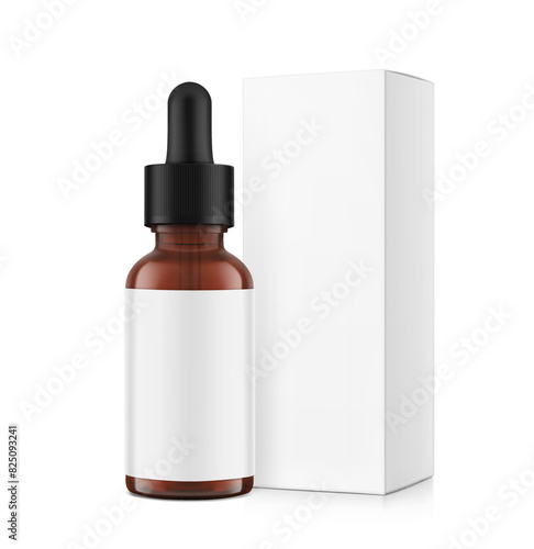 Realistic paperboard packaging box mockup with dropper bottle mockup isolated on white background. Vector illustration. Сan be used for cosmetic, medical and other needs. EPS10.