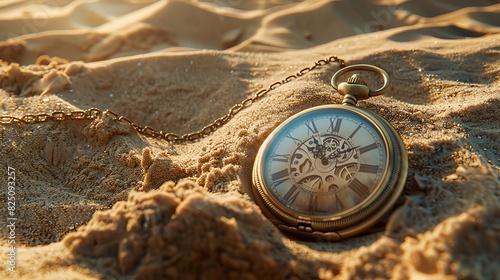 A sepiatoned vintage pocket watch with chain buried in the sand, showing an old time clock face. The background is a textured sandy beach, with ripples of sunlight and shadow creating depth and textur