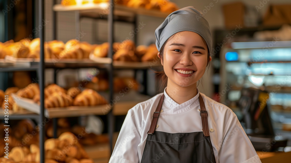 Asian baker holding bakery tray happy small bakery shop concept Asian baker holding bakery tray happy small bakery shop concept