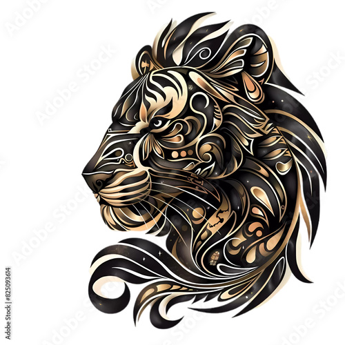 illustration of a lion's head in profile in ethno style,