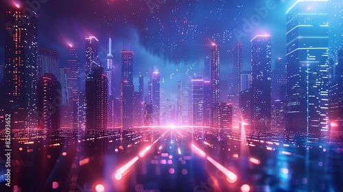 Panoramic cityscape with neon light effects  showcasing futuristic urban architecture. Ideal for a high-tech banner background