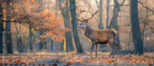A deer is walking through a forest with leaves on the ground © Napat
