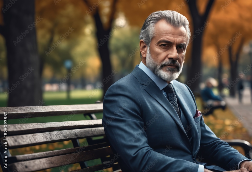 Middle-aged man in a suit sits on a bench Middle-aged man in a suit sits on a bench