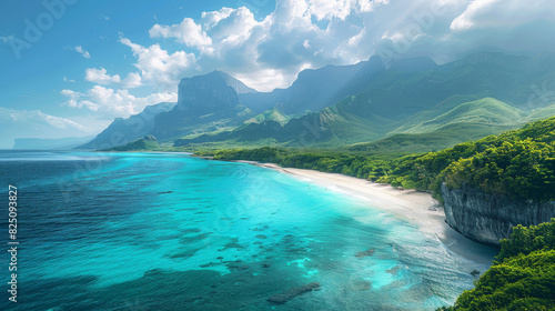 A scenic view of a tropical beach with turquoise waters, white sands, and a backdrop of verdant mountains.